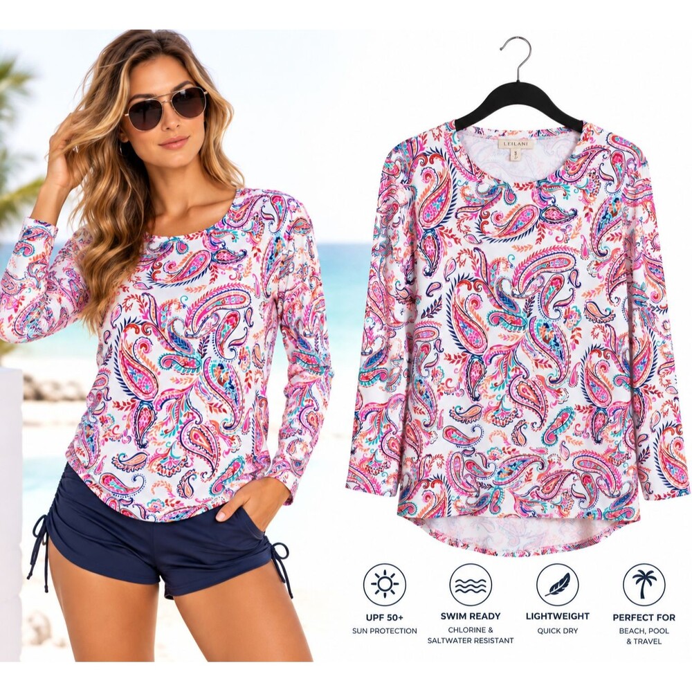 Leilani Rash Guard Swim Shirt Long Sleeve Palm Beach Paisley UPF 50 N721053